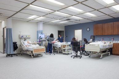 Students work in the UIC College of Nursing-Springfield Campus' expansive simulation laboratory, largely furnished by donations from partners at the Memorial Medical Center Foundation and Memorial Health System.