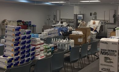 The Schwartz Lab donated necessary materials and equipment such as its gowns, gloves, masks, eye protectors, thermometer covers and hand sanitizer for healthcare workers to use. Photo: Susan Kilroy