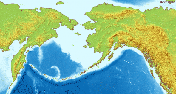 Map of Bering Sea. National borders between Alaska