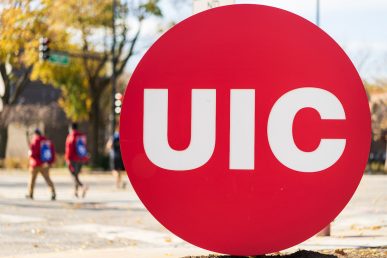 UIC campus and red circle logo