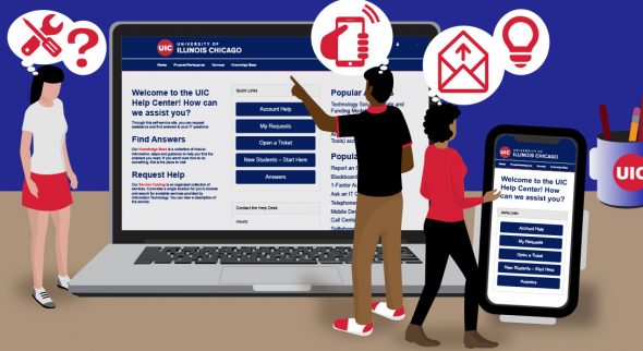 Computer and iPhone screens feature the UIC Help Center website