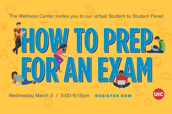 Text says "The Wellness Center invites you to our virtual Student to Student Panel: How to Prep for an Exam, March 3, 5-6:15 p.m."