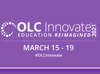 White text on a purple background says "OLC Innovate 2021 Education Reimagined March 15-19"