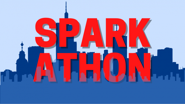 Red text on a blue background with the Chicago skyline behind it says "SparkAThon"
