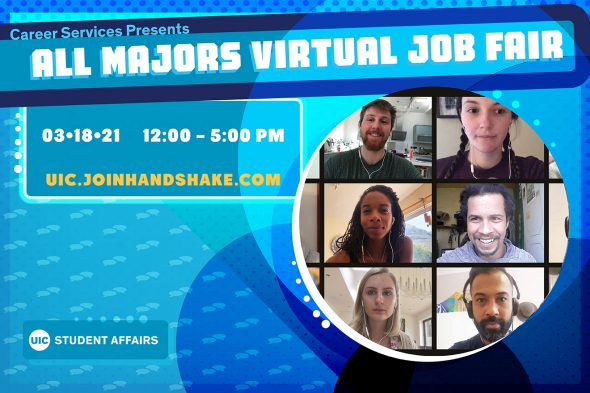 White text on blue background says "Career Services Presents All Majors Virtual Job Fair"