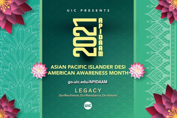 Yellow text on green background says "2021 Asian Pacific Islander Desi American Awareness Month"