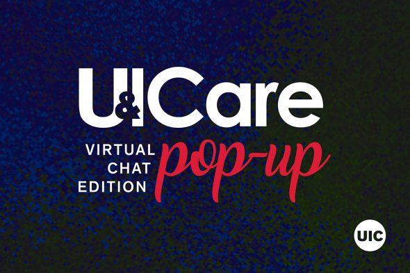 White text on blue background says "U & I Care pop-up virtual chat edition"