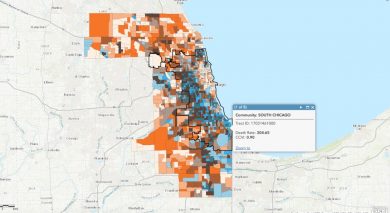 COVID-19 dashboards show range of colors from orange to blue over cities in Illinois and Wisconsin.