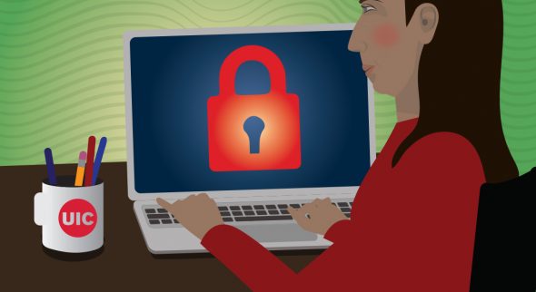 Image shows a cartoon character of a woman with brown hair sitting at a laptop and the screen has a big red lock on it.