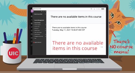 Laptop illustration that says "there are no available items in this course"