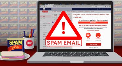Illustration has a laptop with the text "Spam Email" on it and a can of Spam next to the laptop.