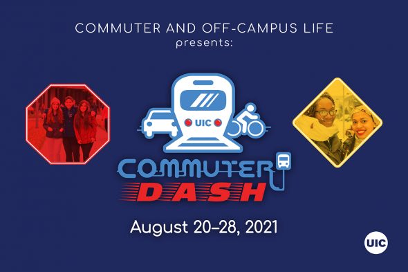 Commuter dash flyer shows a photo of a CTA train, bike and car