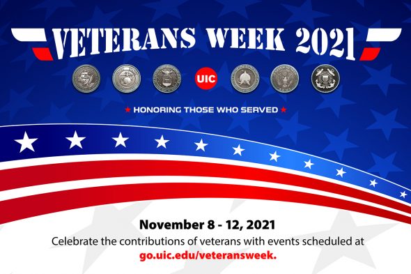 American flag with text "Veterans Week 2021"