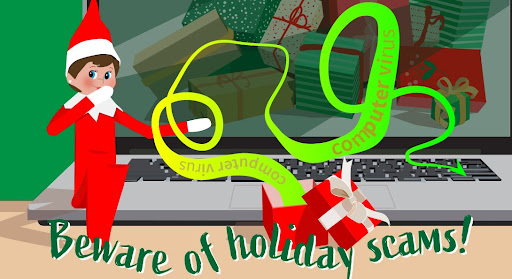 Elf and text "beware of holiday scams"