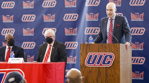 Director of Athletics Michael Lipitz speaks during the January announcement of UIC joining the Missouri Valley Conference.