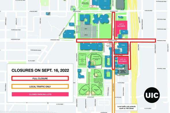 Map shows Halsted and Roosevelt streets near the Dorin Forum with orange lines indicating local traffic only, red lines showing full closures and red squares indicating closed parking lots.