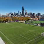 A drone photo of the UIC Flames outdoor soccer field.