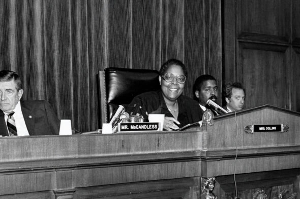 Cardiss Collins chairs a committee hearing in Congress, circa 1985