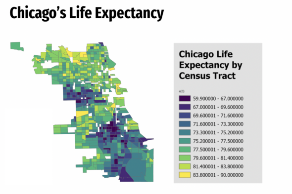 Map of Chicago life expectancy by census tract. Credit: Sonya Gupta and Ryan Zomorrodi