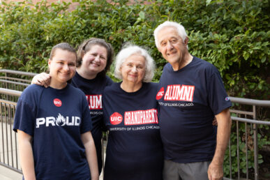 Three generations of one family celebrate attending University of Illinois Chicago. Grandparents, OIeh and Maria Sajewych (Oleh, class of 1969, Maria class of 1971) along with their daughter Oksana Shanley (class of 1998) and their granddaughter, Tatiana “Tania” Shanley (first year student 2023). Photography by Jenny Fontaine University of Illinois Chicago