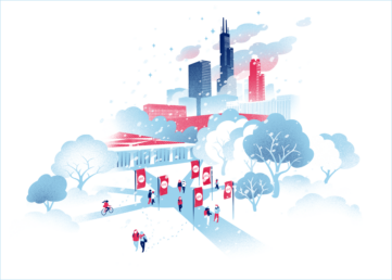 2022 holiday card features a red and blue skyline above the UIC campus with characters drawn in red and blue walking down a sidewalk flanked by red UIC banners.