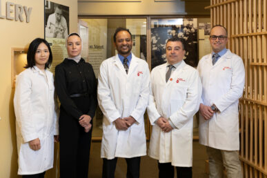 2023 College of Dentistry Researchers group photo - (Left to right) Dr. Min Kyeong Lee, Dr. Maysaa Oubaidin, Dr. Veerasathpurush (Sath) Allareddy, Dr. Flavio José Castelli Sanchez, Dr. Mohammed H. Elnagar) Photo credit: Jenny Fontaine University of Illinois Chicago