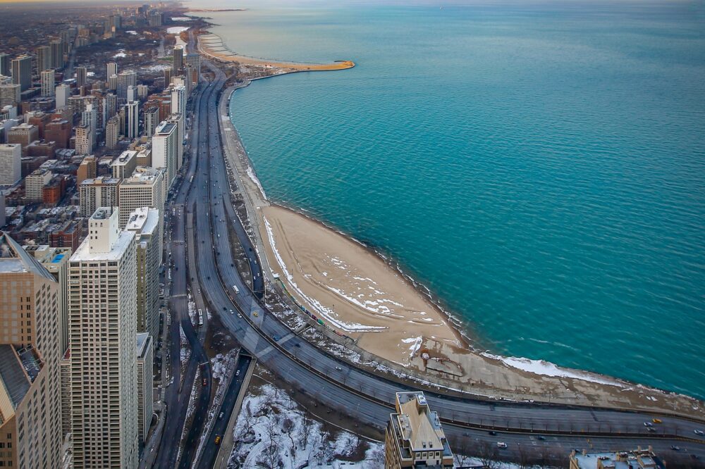 An aerial photo of Lake Shore Drive running north Lake Michigan, taken from downtown Chicago.
