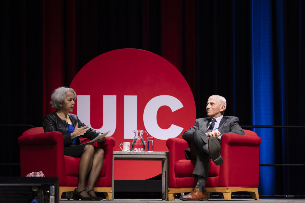Dr. Anthony Fauci and Chancellor Marie Lynn Miranda engage in illuminating dialogue at the University of Illinois Chicago's inaugural Chair Chats on Feb. 20, 2024.