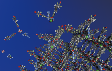 A 3-D molecular structure forms against a dark blue background.