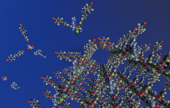A 3-D molecular structure forms against a dark blue background.