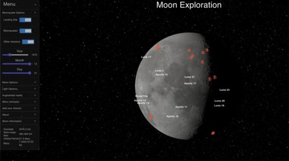 A graphic of the moon with points showing the sites of various moon landings. On the left is a dashboard with various options for visualizing data.
