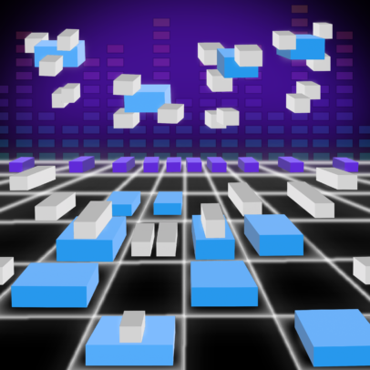 Blue and white blocks on a black grid are combined into clusters of blue and white blocks floating against a purple background.