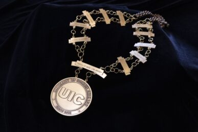 The Chain of Office, designed for the investiture of Marie Lynn Miranda as UIC's 10th chancellor, will be presented to her at her investiture ceremony on April 4, 2024. (Photo: Jenny Fontaine)