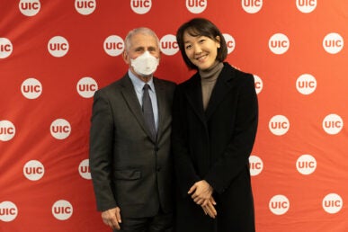 Dr. Anthony Fauci speaks to UIC students during a reception prior the the 2024 UIC Chair Chats.