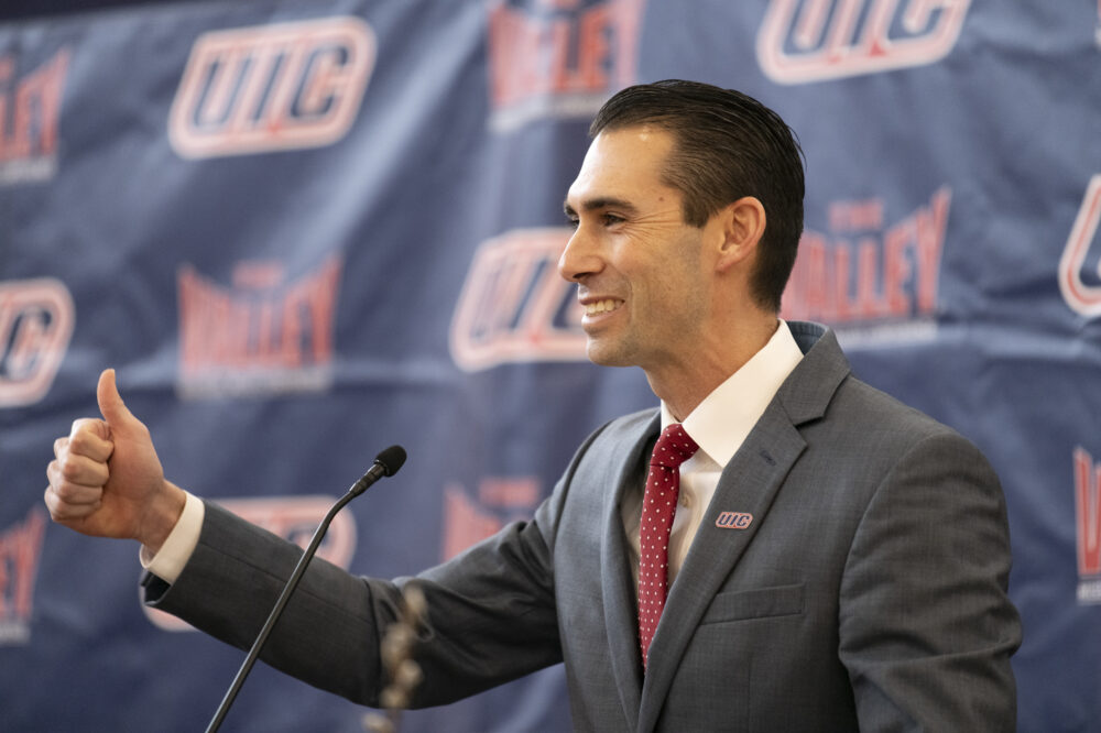 Rob Ehsan at a press conference April 1, 2024, announcing his appointment as the new UIC men’s basketball head coach. (Phil Bergman)