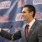 Rob Ehsan at a press conference April 1, 2024, announcing his appointment as the new UIC men’s basketball head coach. (Phil Bergman)