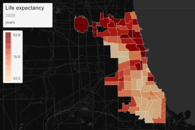 A map of Chicago colored orange according to life expectancy per neighborhood.