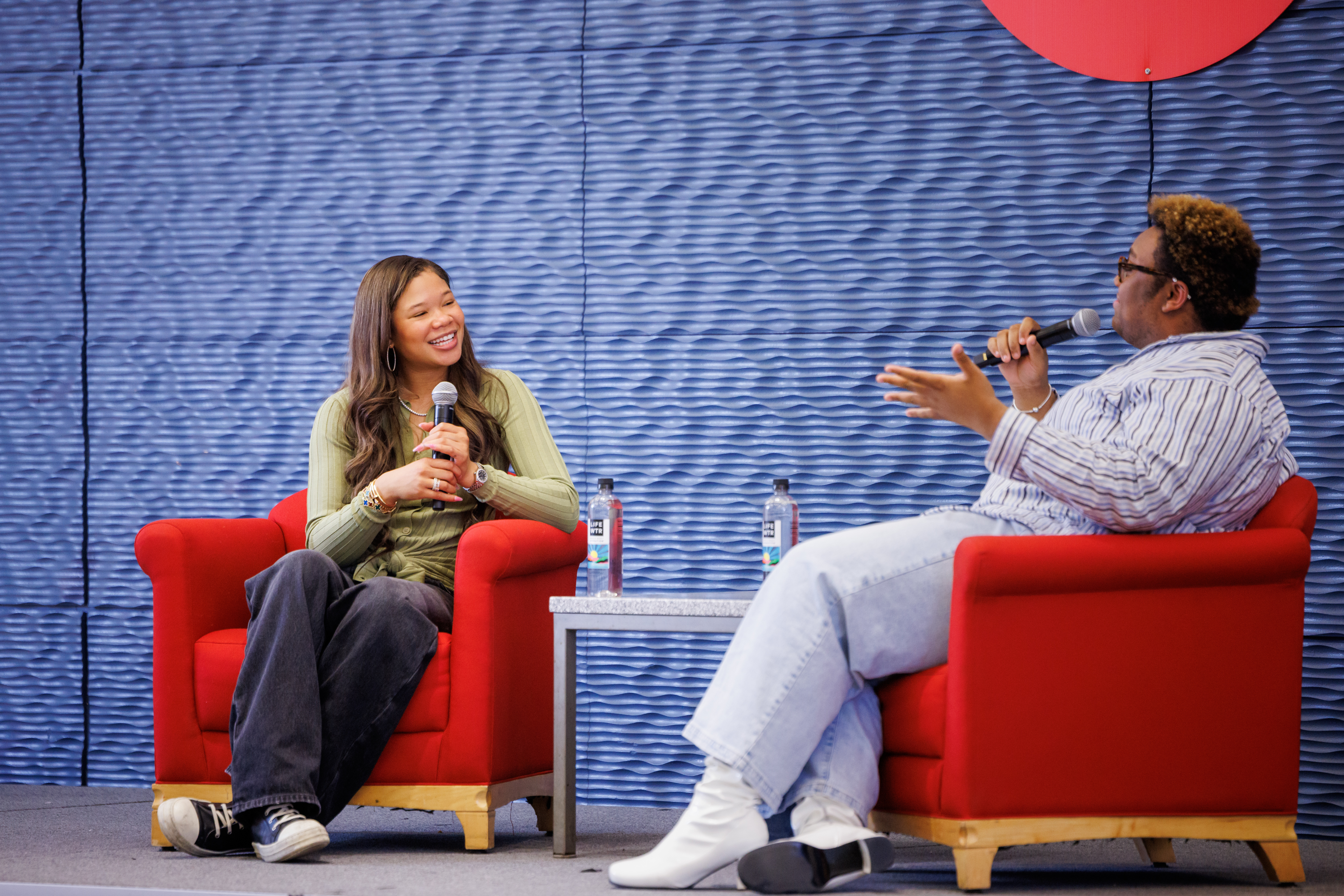 Actress Storm Reid, left, is interviewed by UIC student Lavontae Morrow during the An Evening With event from the Student Activities Board on March 29. (Photo by Adam Biba / Creative and Digital Services)