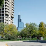 View of University Hall and Chicago skyline from the east campus. Photo by Martin Hernandez/UIC