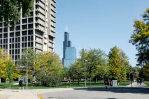 View of University Hall and Chicago skyline from the east campus. Photo by Martin Hernandez/UIC