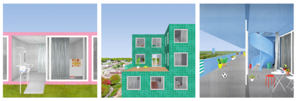 Three square illustrations. On the left, a pink rectangular building with a large sliding door front. In the middle, a green multi-unit building. On the right, a large balcony with blue walls and a spiral staircase.