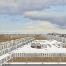 An illustration of brown prairie land beneath a partly cloudy sky, with a large white housing complex on stilts stretching out across most of the area.