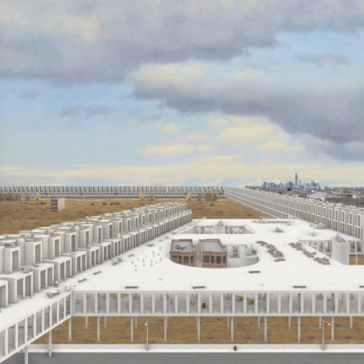 An illustration of brown prairie land beneath a partly cloudy sky, with a large white housing complex on stilts stretching out across most of the area.