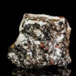 A black and white rock embedded with small bronze-colored crystals.