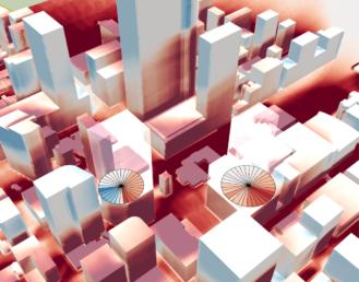 A 3-D graphic of white buildings surrounded by red blotches.