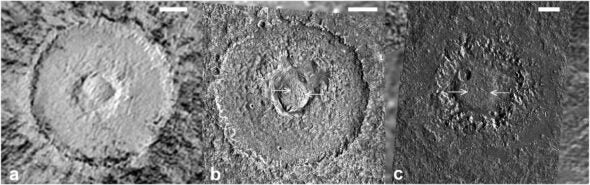 Three black and white images of craters on Jupiter's moons, each with a circle in the middle and arrows indicating the dome structure.