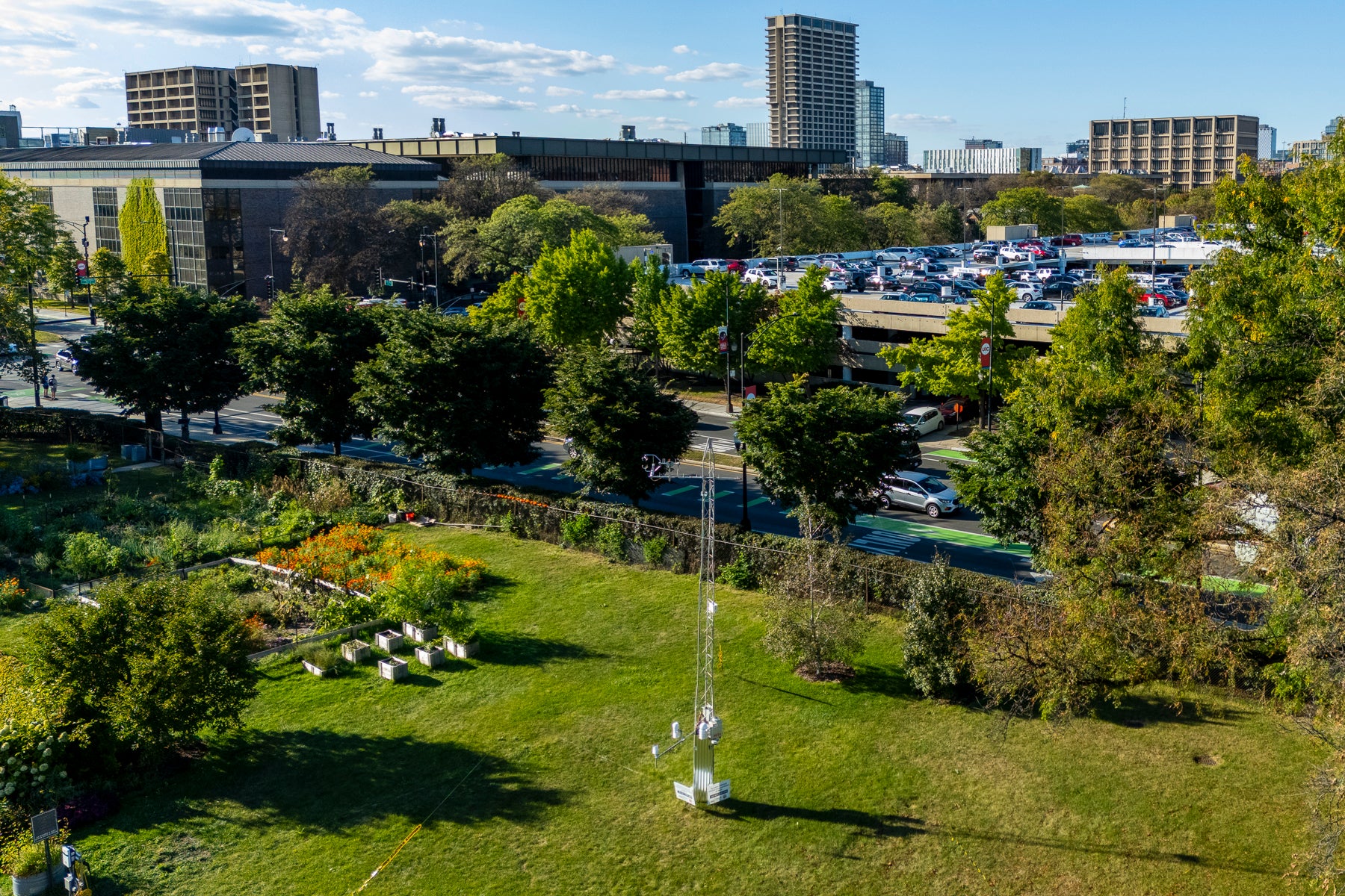 A drone photo of a green field with plants and a tall metal tower in the foreground and campus buildings in the background.