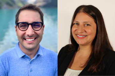 Two headshots of a man in glasses and a blue collared shirt and a woman in a black blazer.