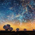 A row of satellite dishes pointed up at an orange and blue sky filled with stars, galaxies and straight lines.