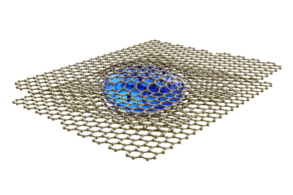 A drop of water compressed between two flat sheets made up of connected carbon atoms.